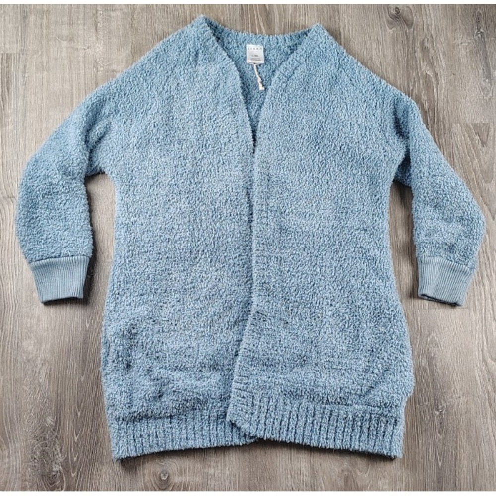 Serra L/XL Blue Open Long Comfy Chic Cardigan‎ Sweater Pockets Popcorn Knit